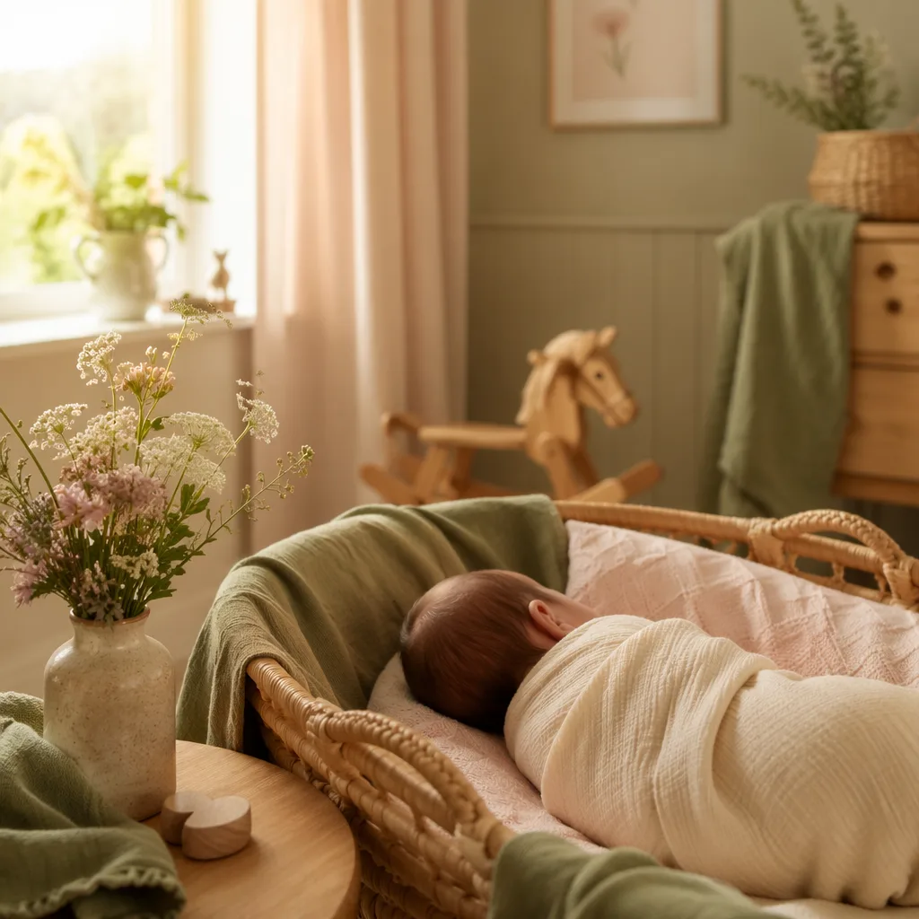 Soft pastel nursery scene with a sleeping swaddled baby, wildflowers, and warm morning light.