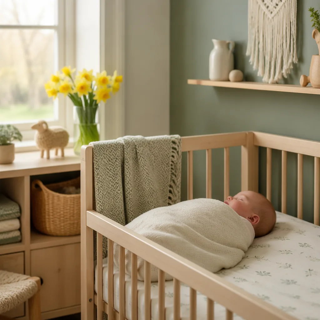 A peaceful Welsh-inspired nursery with a sleeping baby, soft blanket, and daffodils in gentle natural light.