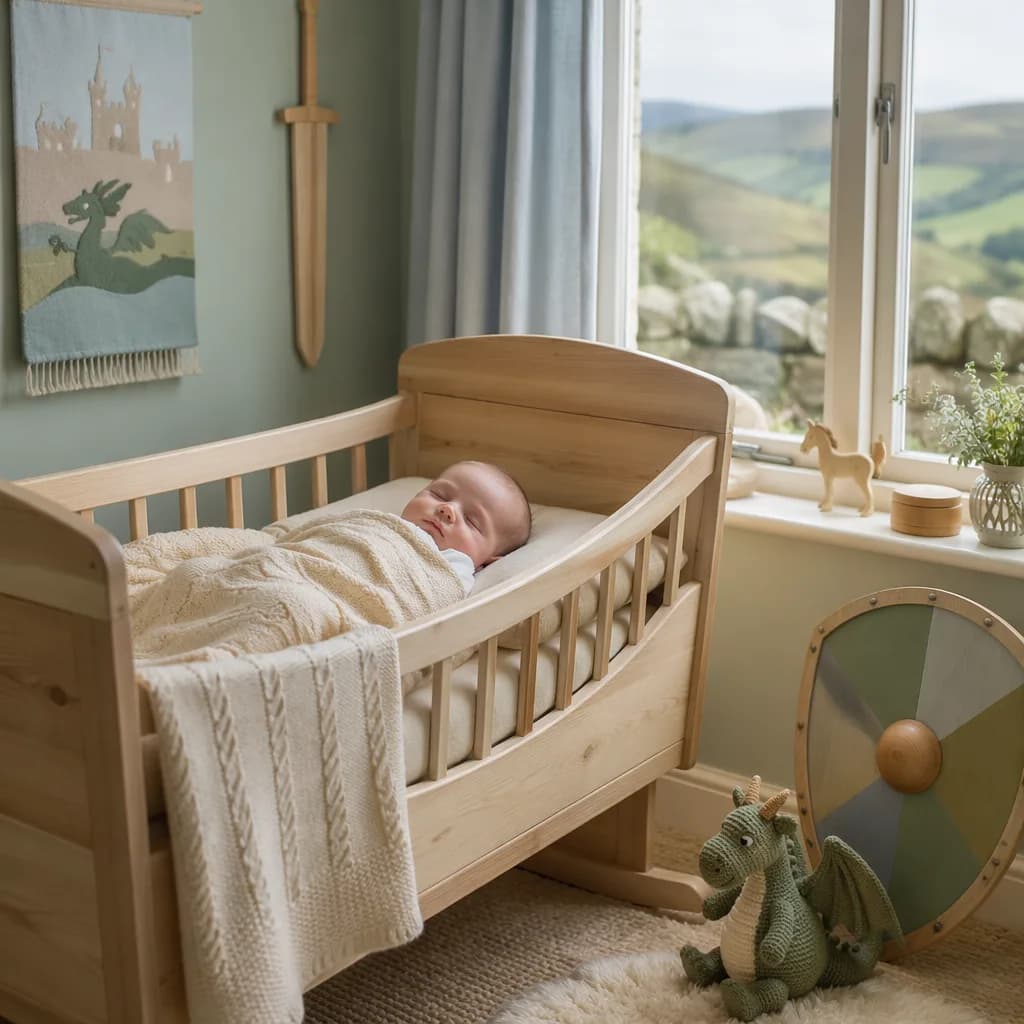 Sleeping baby in a cozy Welsh-inspired nursery with soft pastel tones and gentle natural light.