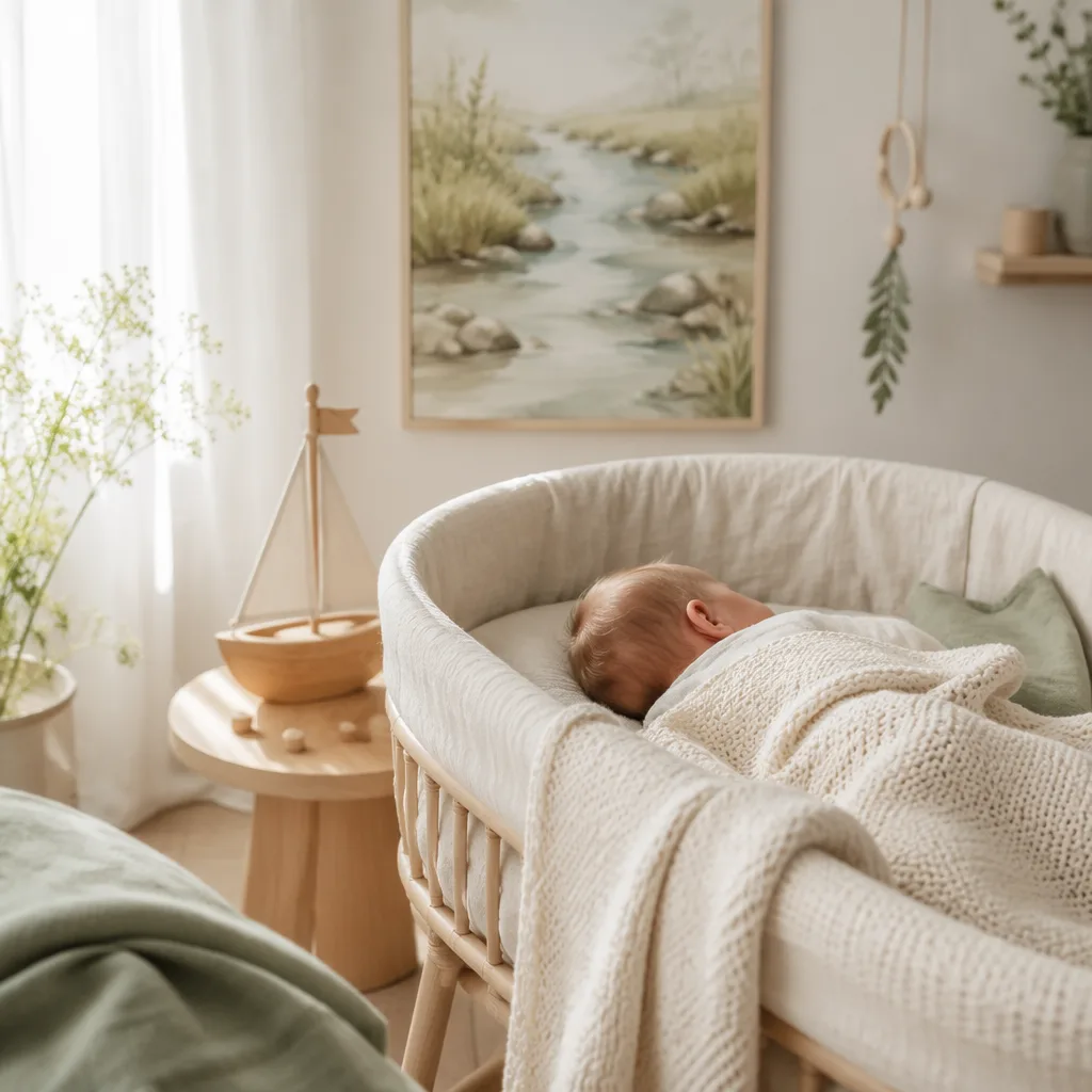Soft pastel nursery with sleeping baby and gentle brook-inspired decor.