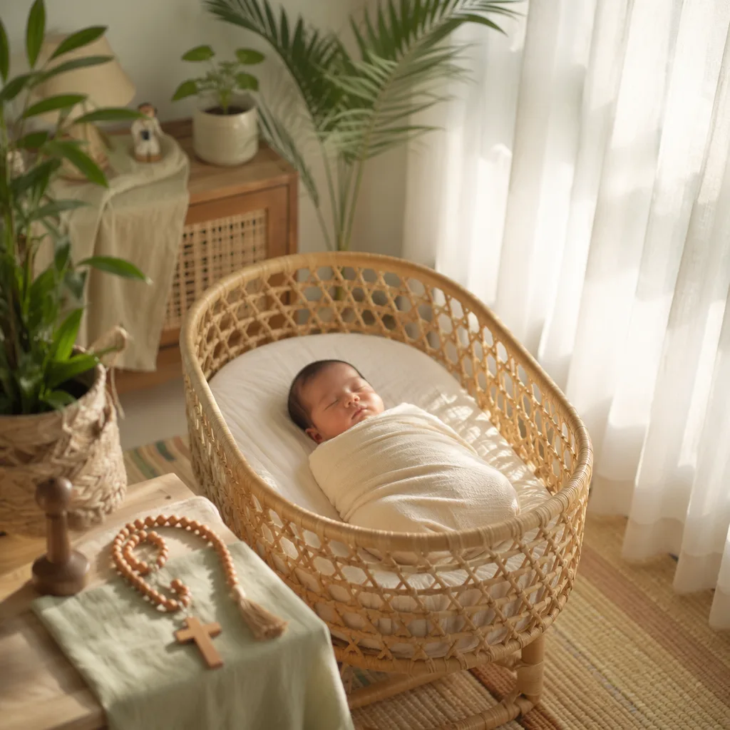 A peaceful Filipino-inspired nursery with a sleeping baby in a rattan bassinet.