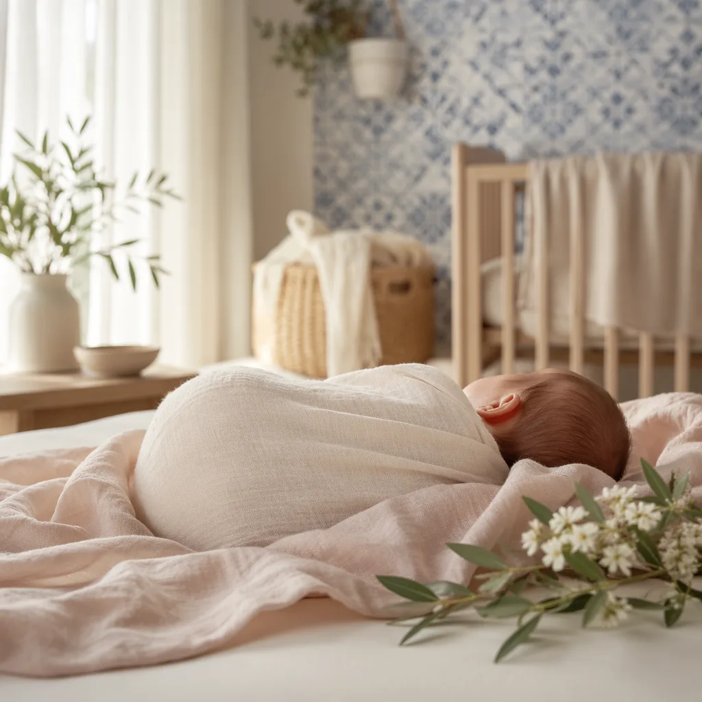 Peaceful swaddled baby in a soft Portuguese-inspired nursery with olive branch and white flowers.