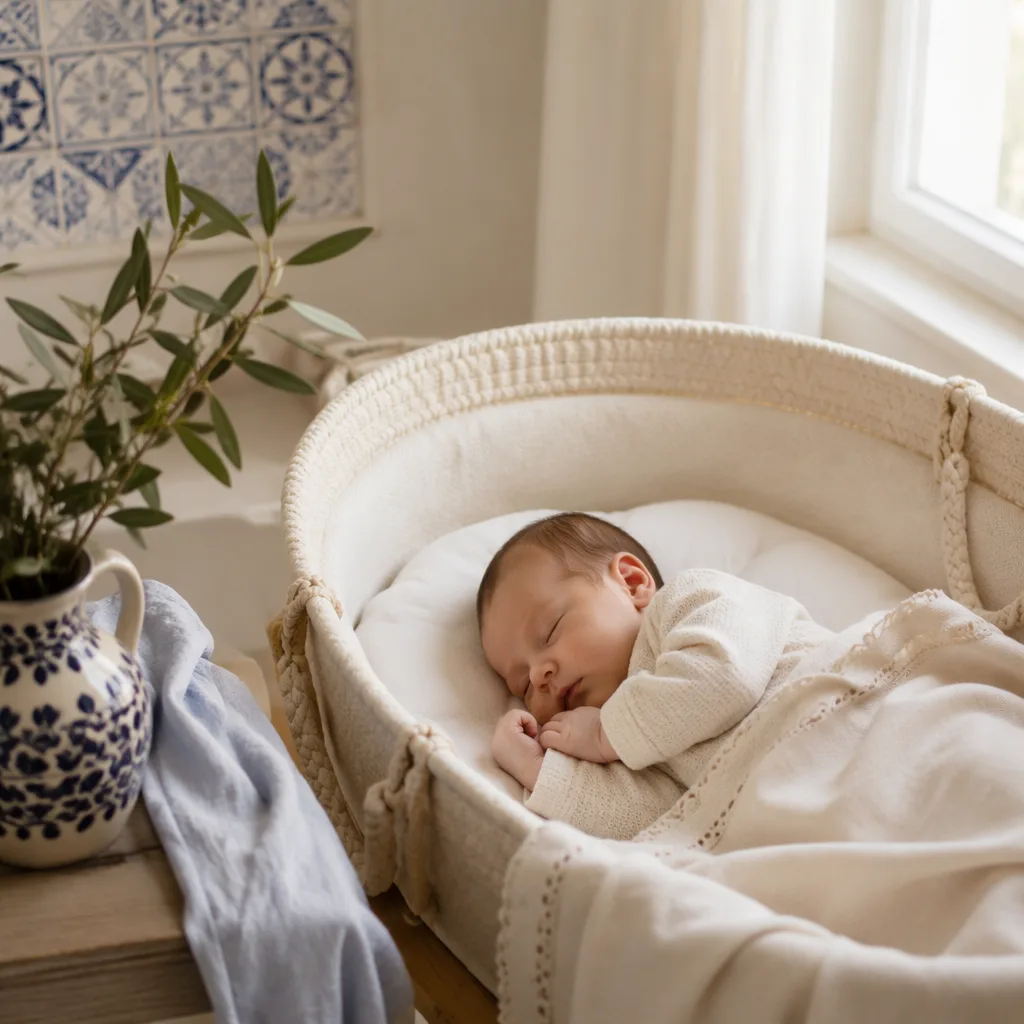 Peaceful newborn in a soft Portuguese-inspired nursery with gentle pastel decor.