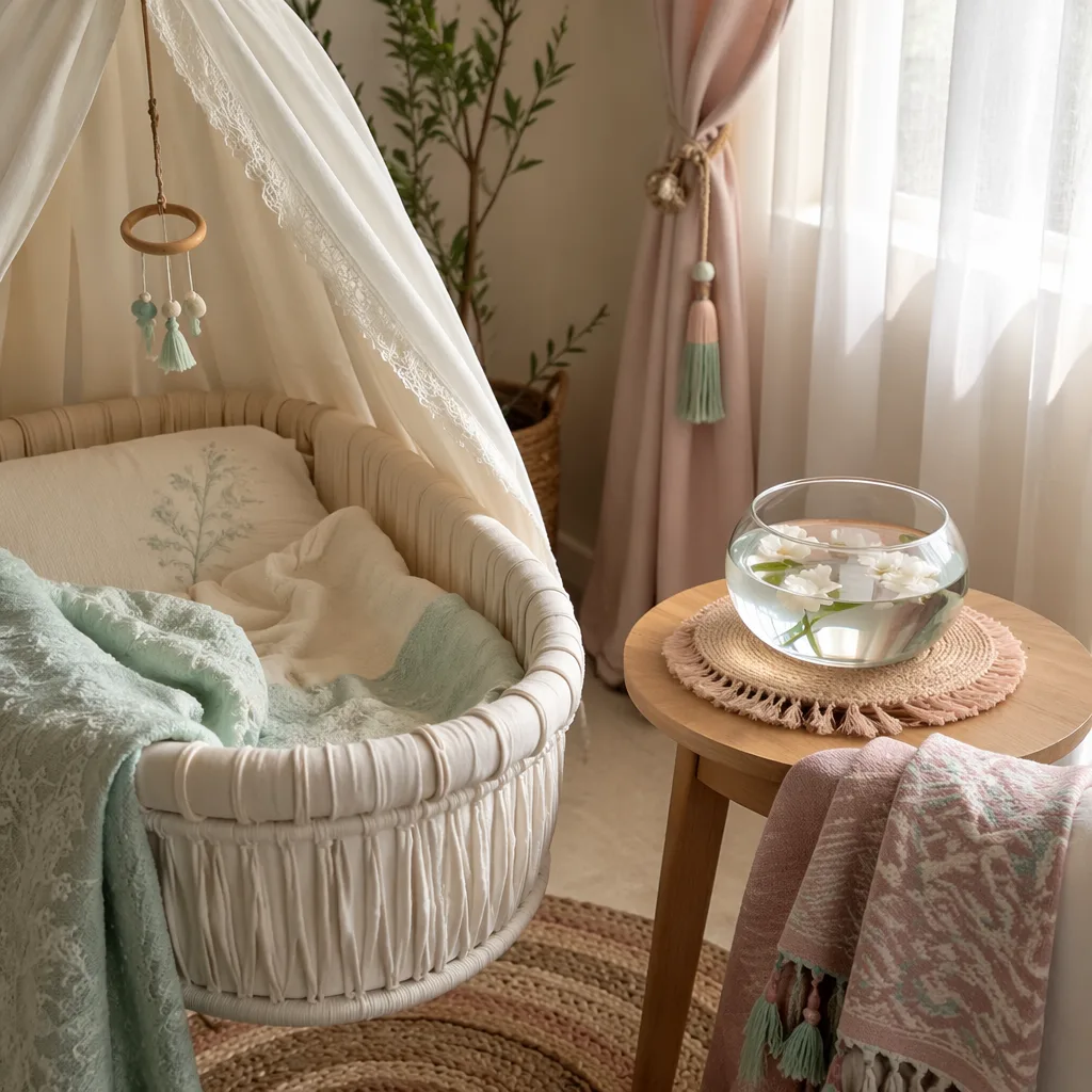 Soft pastel nursery scene with a bassinet and a small bowl of water inspired by the name Bengisu.