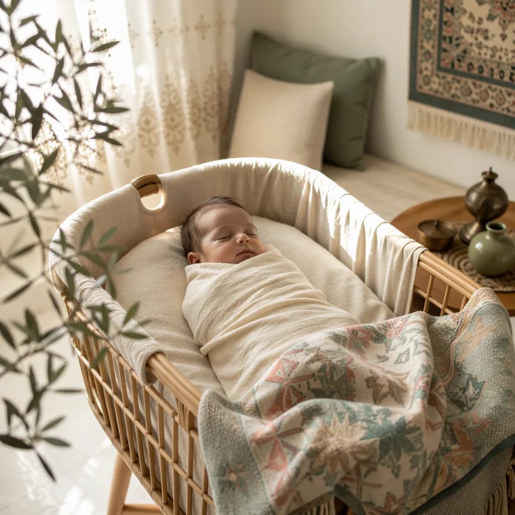 Sleeping baby in a soft Turkish-inspired nursery with warm natural light.