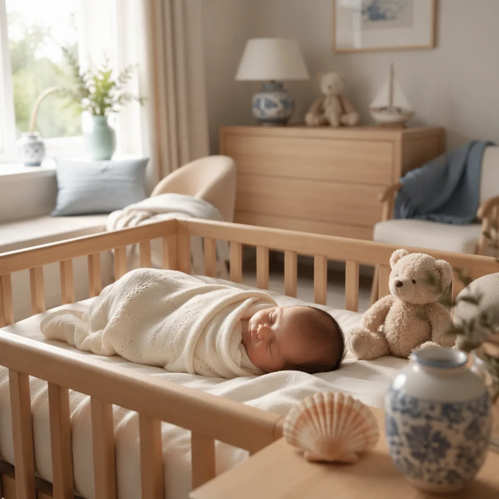 Sleeping baby in a soft Portuguese-inspired nursery with a plush bear and scallop shell keepsake.