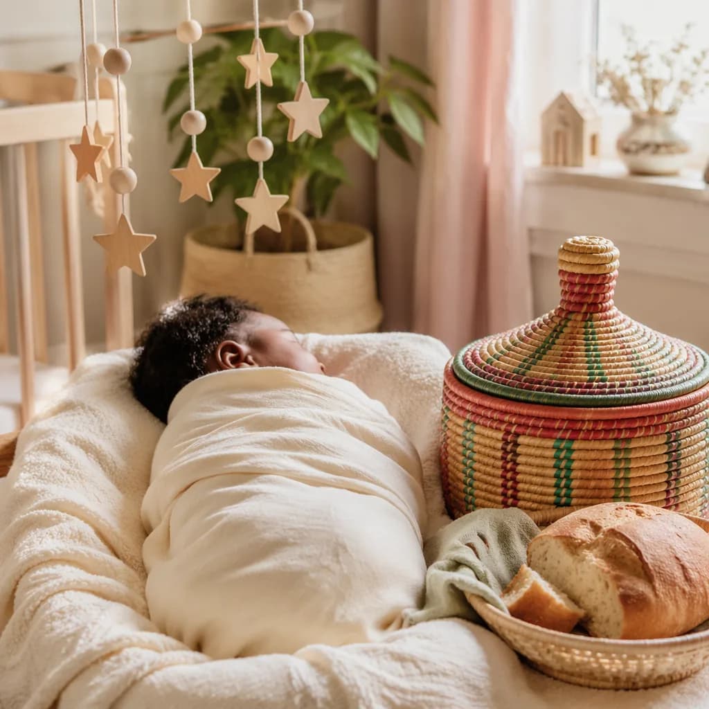 Non-identifiable Ethiopian baby in a soft nursery with woven basket, bread, and gentle star mobile.