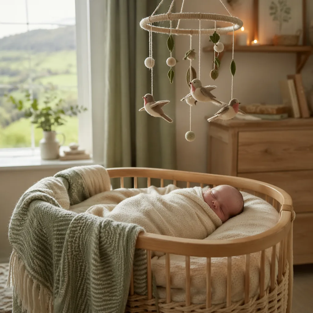 A softly lit Welsh-inspired nursery with a sleeping swaddled baby and a delicate linnet bird mobile.