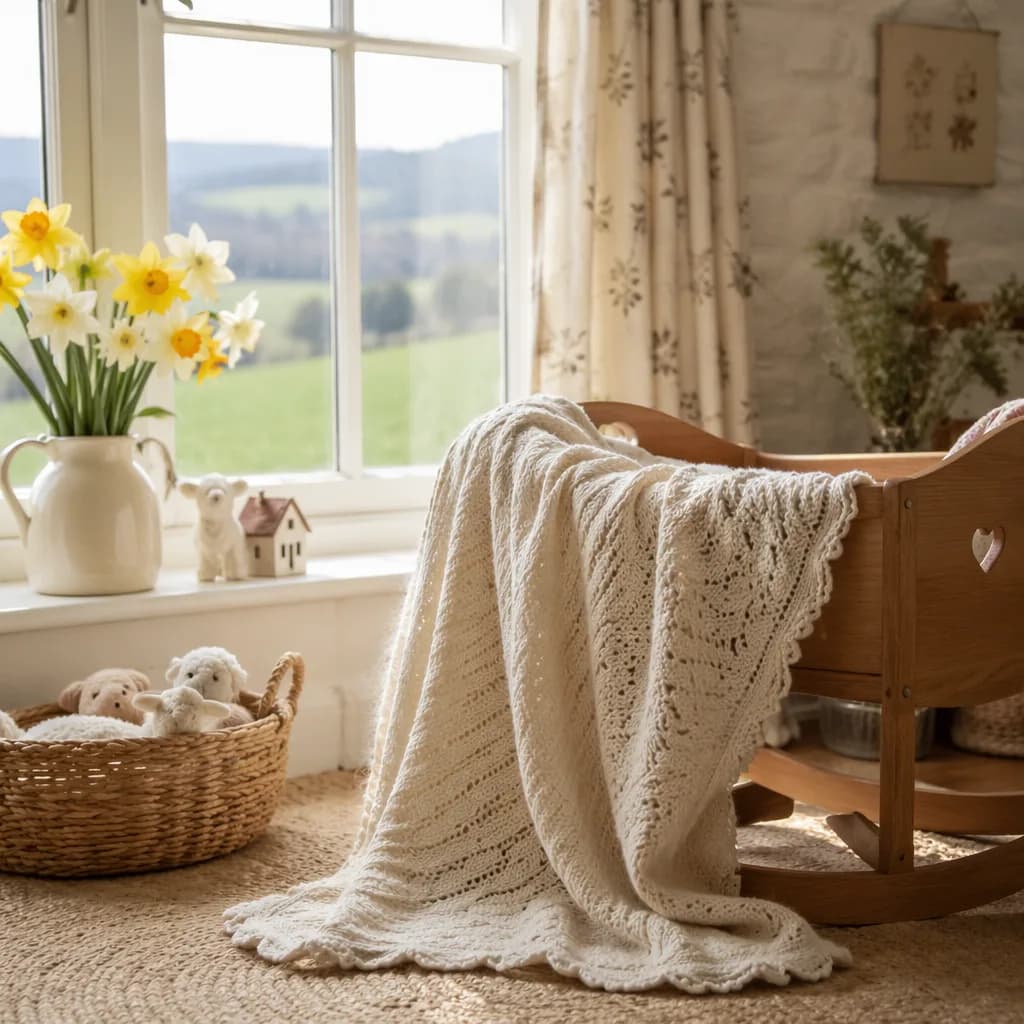 Cozy Welsh-inspired nursery still-life with a baby blanket, cradle, and soft daffodils in gentle light.