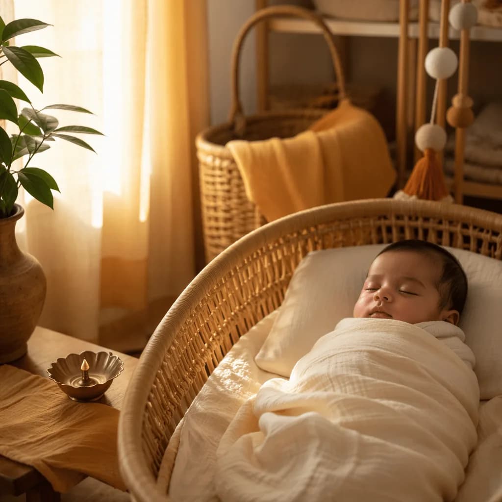 Sleeping baby in a warm pastel nursery with soft golden light and subtle Sanskrit-inspired decor.