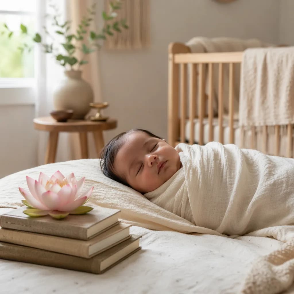Sleeping swaddled baby in a soft nursery with lotus and books.