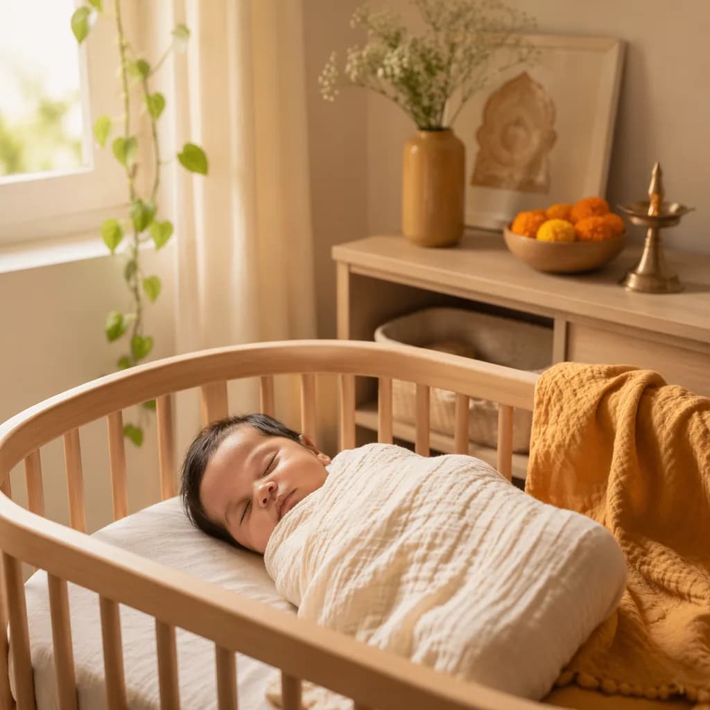 A peaceful swaddled baby in a soft pastel nursery with subtle Indian-inspired decor.
