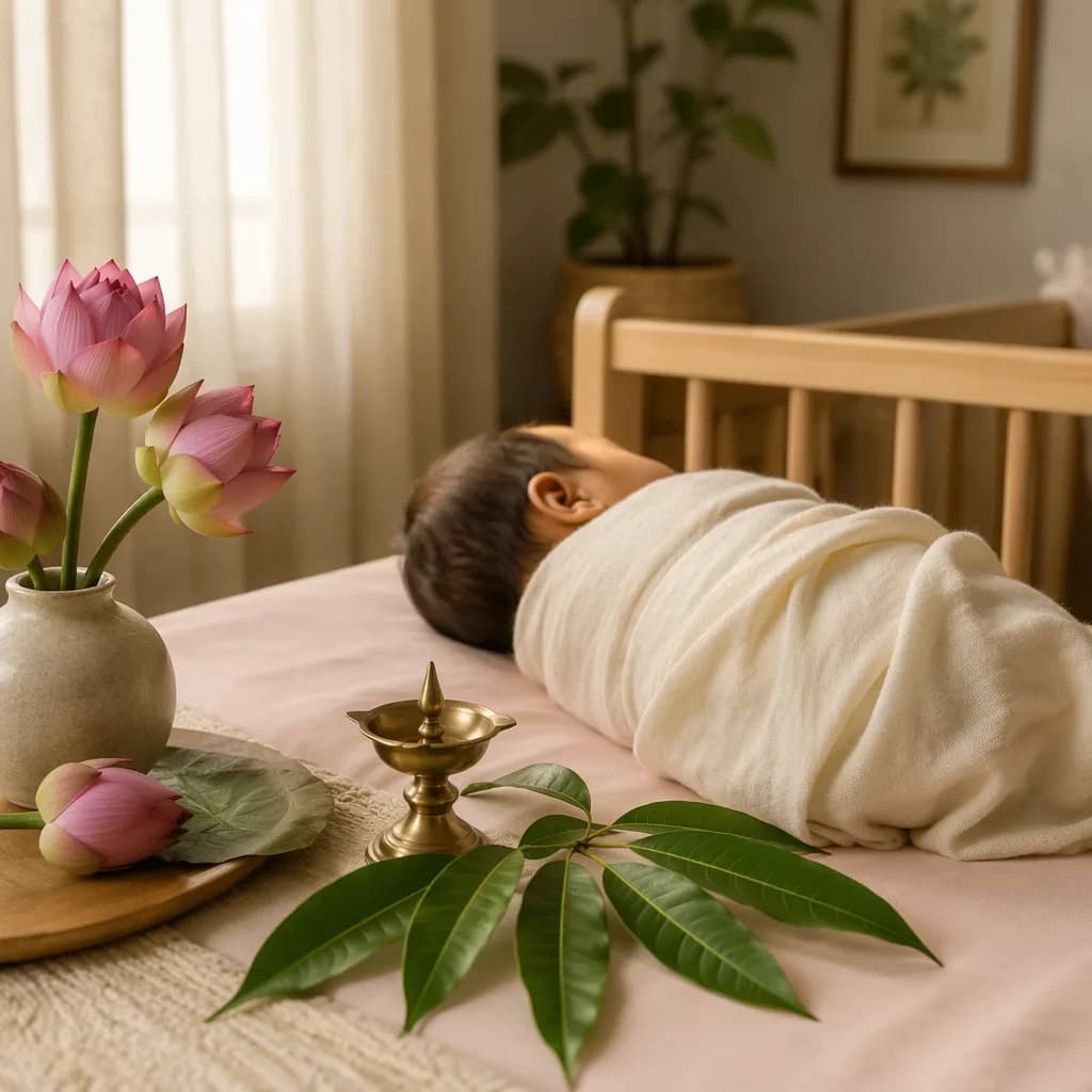 A peaceful pastel nursery with a swaddled baby, lotus flowers, and soft natural light.