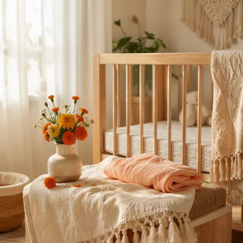 Soft pastel nursery still-life with baby blanket, flowers, and warm natural light.