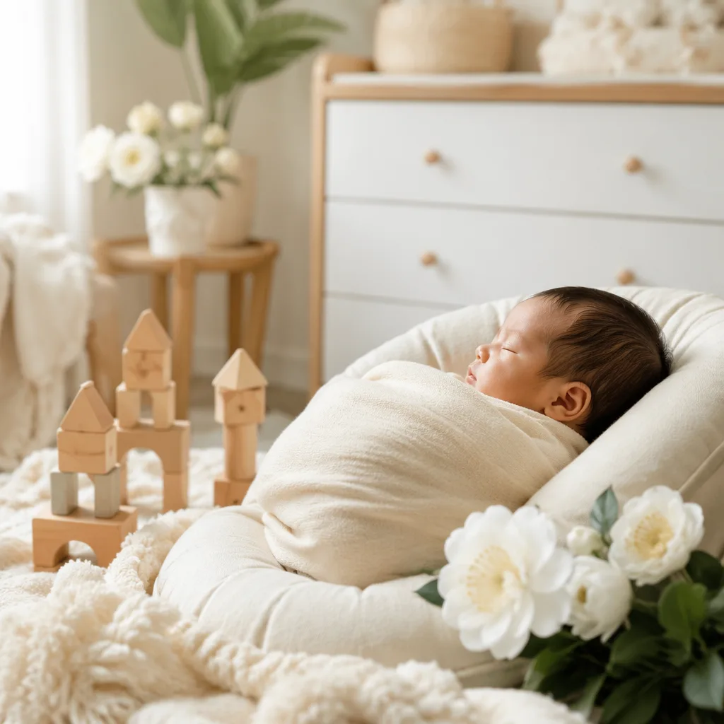 Filipino baby sleeping in a soft ivory nursery with flowers and wooden blocks.