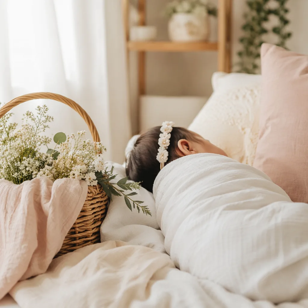 A peaceful Filipino baby in a white swaddle in a softly lit pastel nursery with flowers.