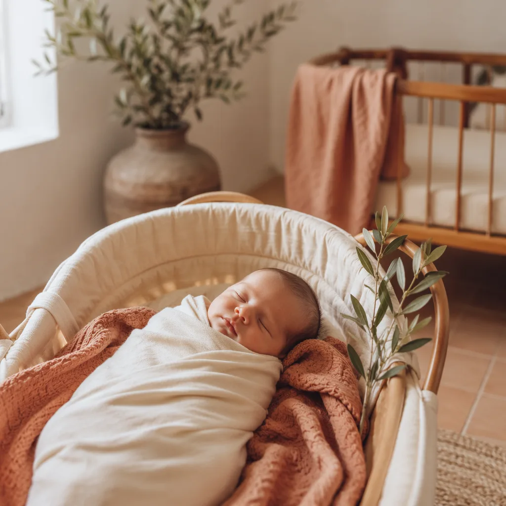Sleeping swaddled newborn in a cozy Mediterranean-inspired nursery with a laurel sprig.