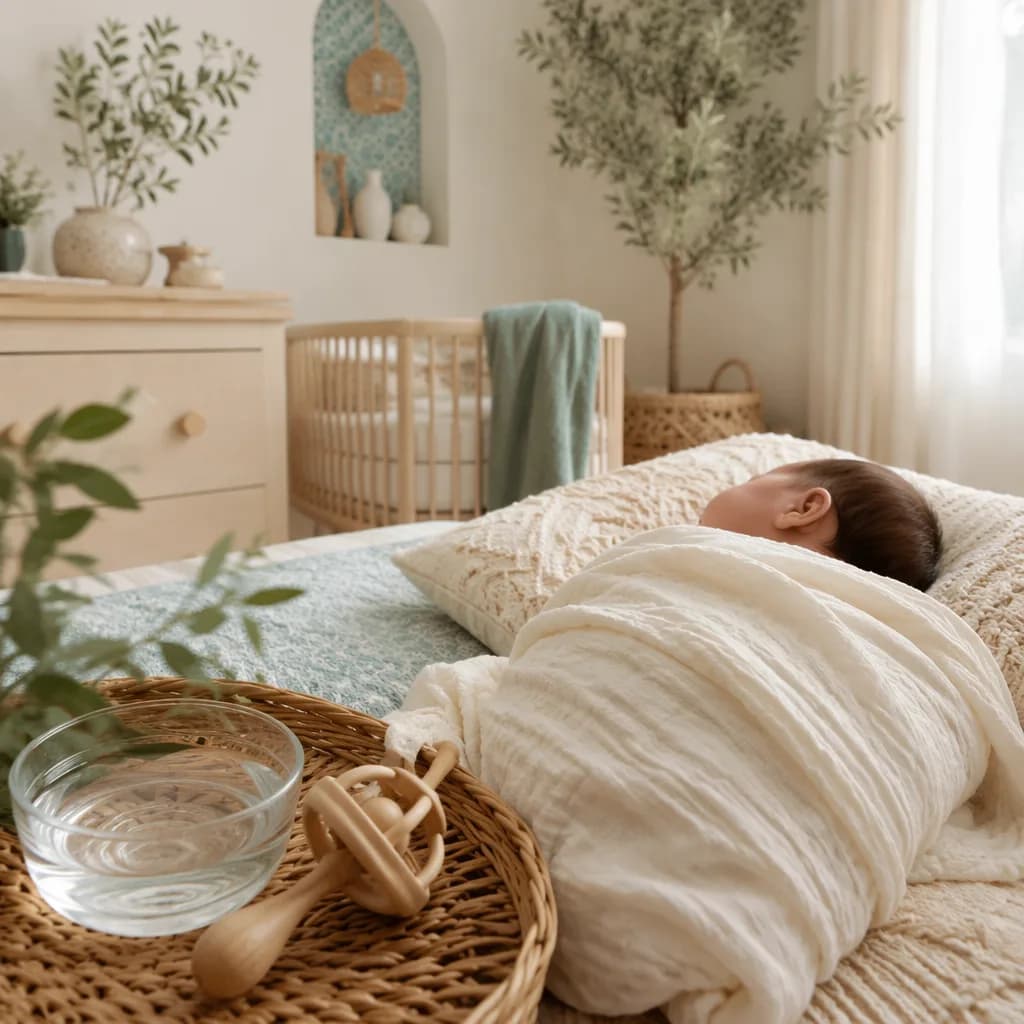 Peaceful Arabic-inspired nursery with a swaddled newborn in soft natural light.