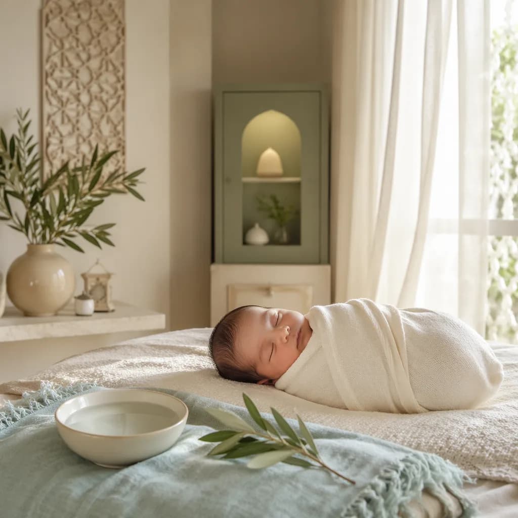 Peaceful Arabic-inspired nursery with a swaddled sleeping baby and soft natural light.