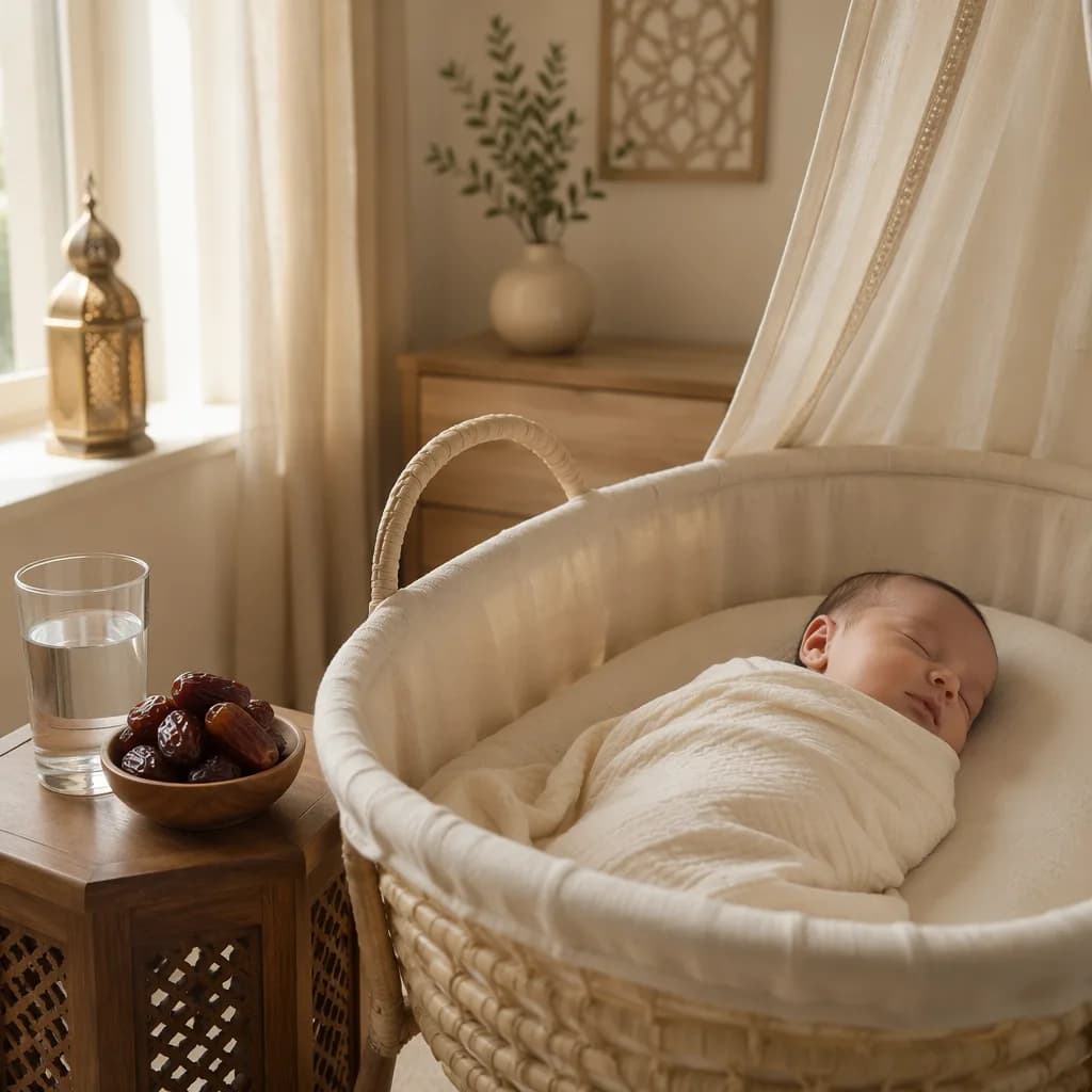Sleeping baby in a soft nursery with dates and water symbolizing Bilal Tamer.