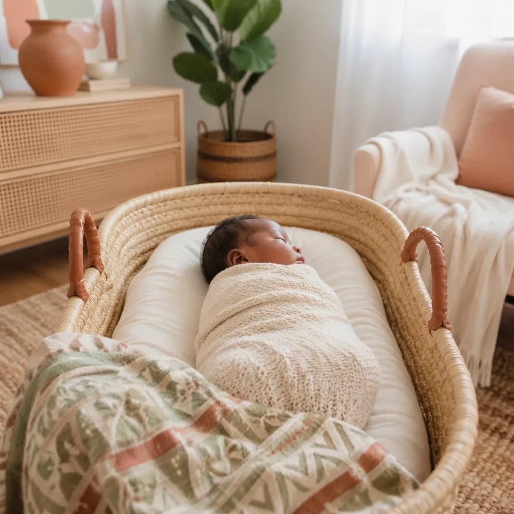 A sleeping Nigerian newborn in a cozy pastel nursery with a woven basket and soft patterned blanket.