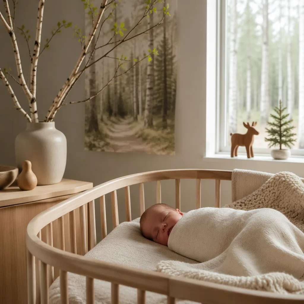 A cozy Scandinavian nursery with a swaddled baby and soft birch-inspired details.