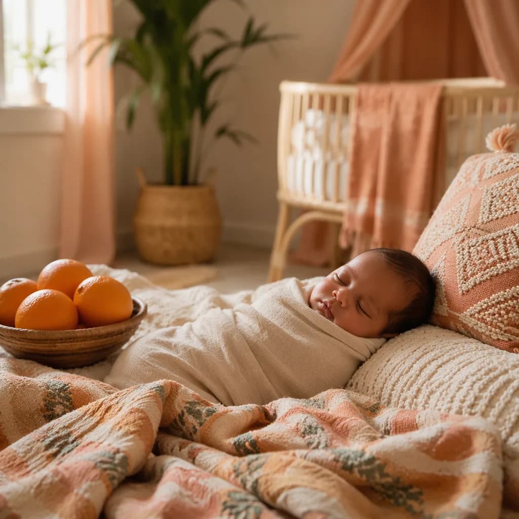 Sleeping baby in a soft nursery with oranges and warm Ethiopian-inspired textiles.