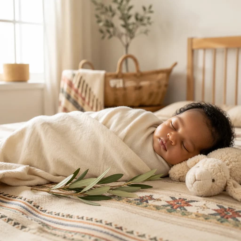 Peaceful Ethiopian-inspired nursery with a swaddled sleeping baby in soft natural light.