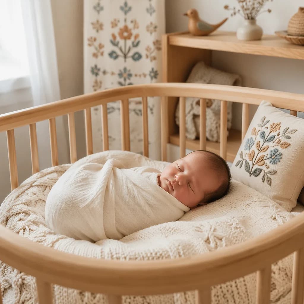 Sleeping newborn in a cozy pastel Polish-inspired nursery.