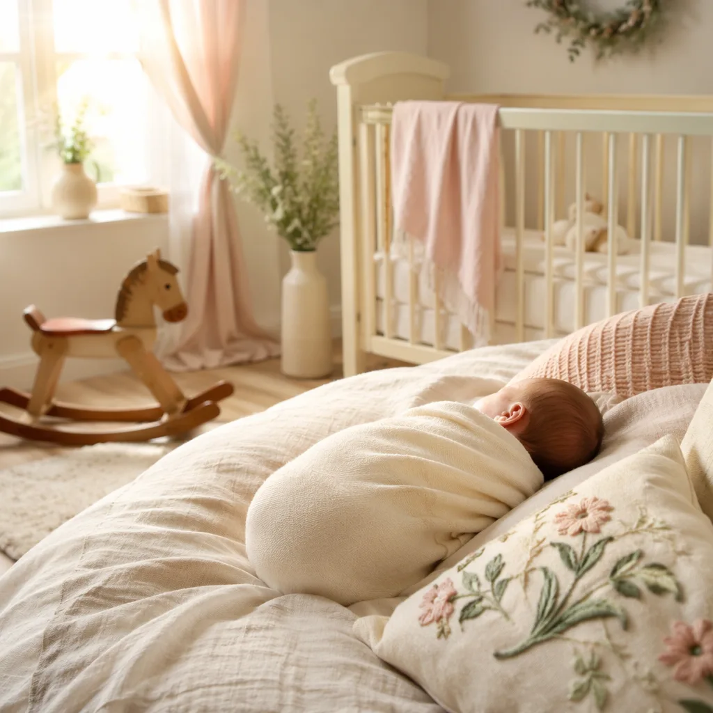 Peaceful Polish-inspired nursery with a swaddled newborn in soft morning light.