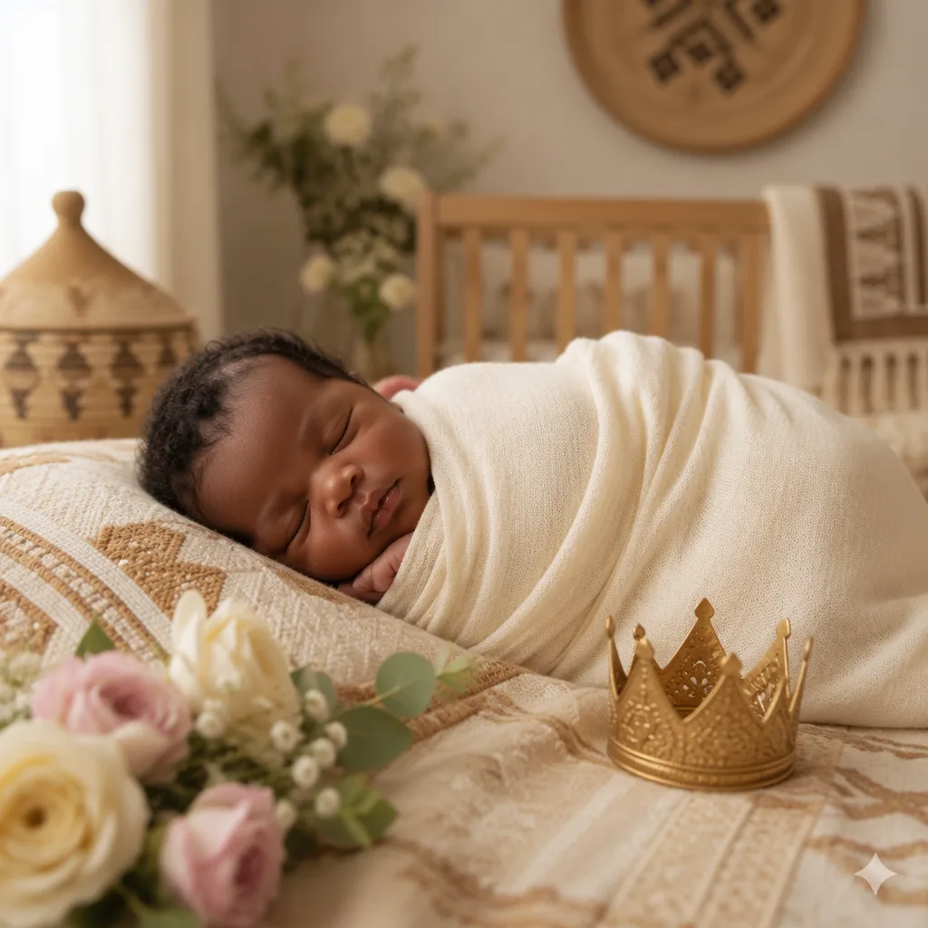 Sleeping newborn in a cozy Yoruba-inspired nursery with soft pastels and a small crown keepsake.
