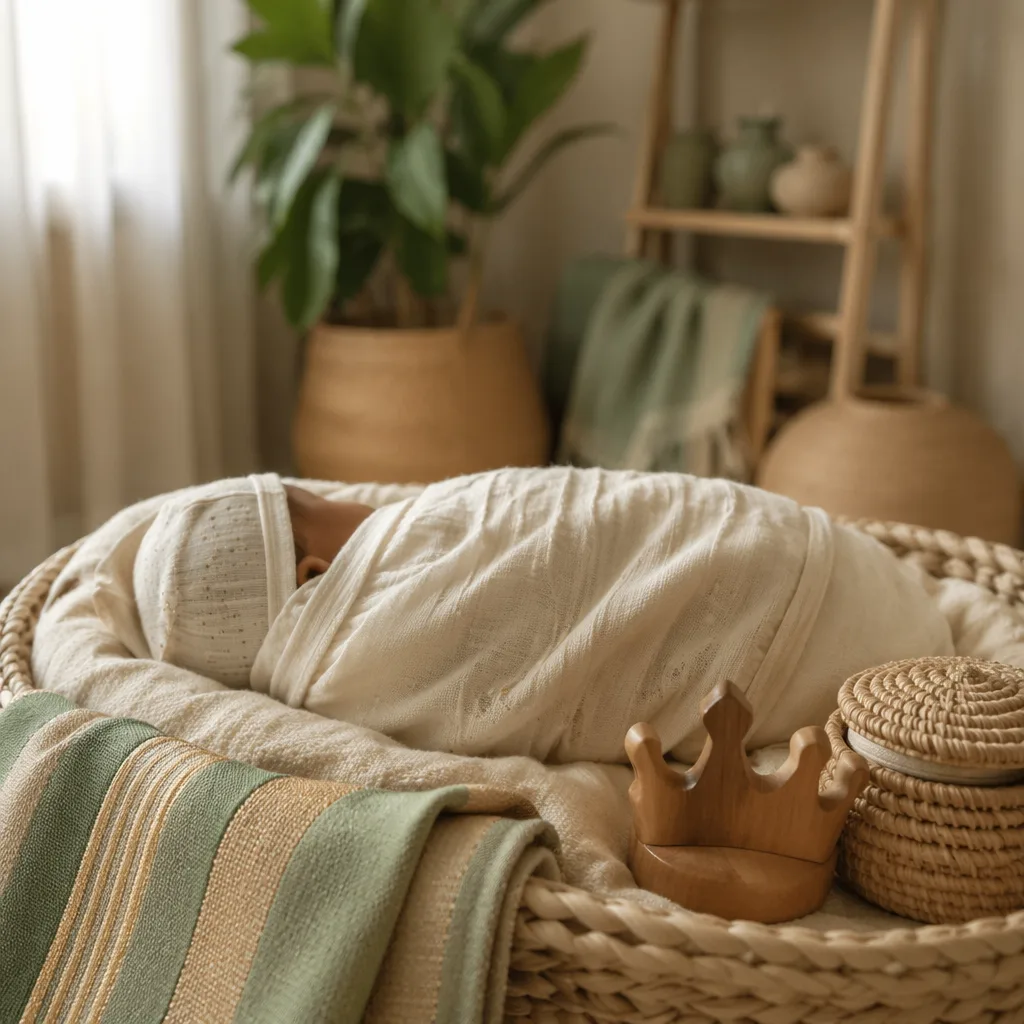 Sleeping newborn in a warm Yoruba-inspired nursery with soft pastel decor.