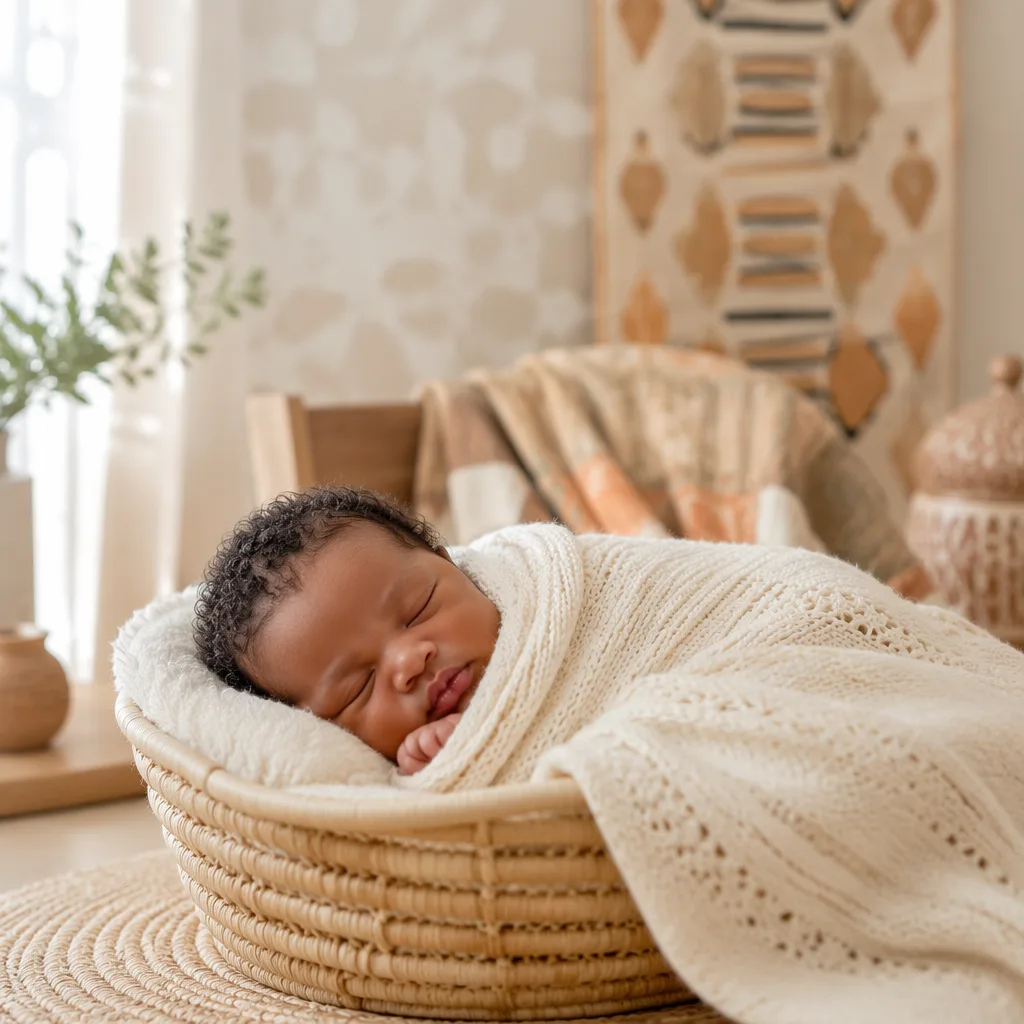 A peaceful newborn in a softly lit nursery with warm Yoruba-inspired accents.