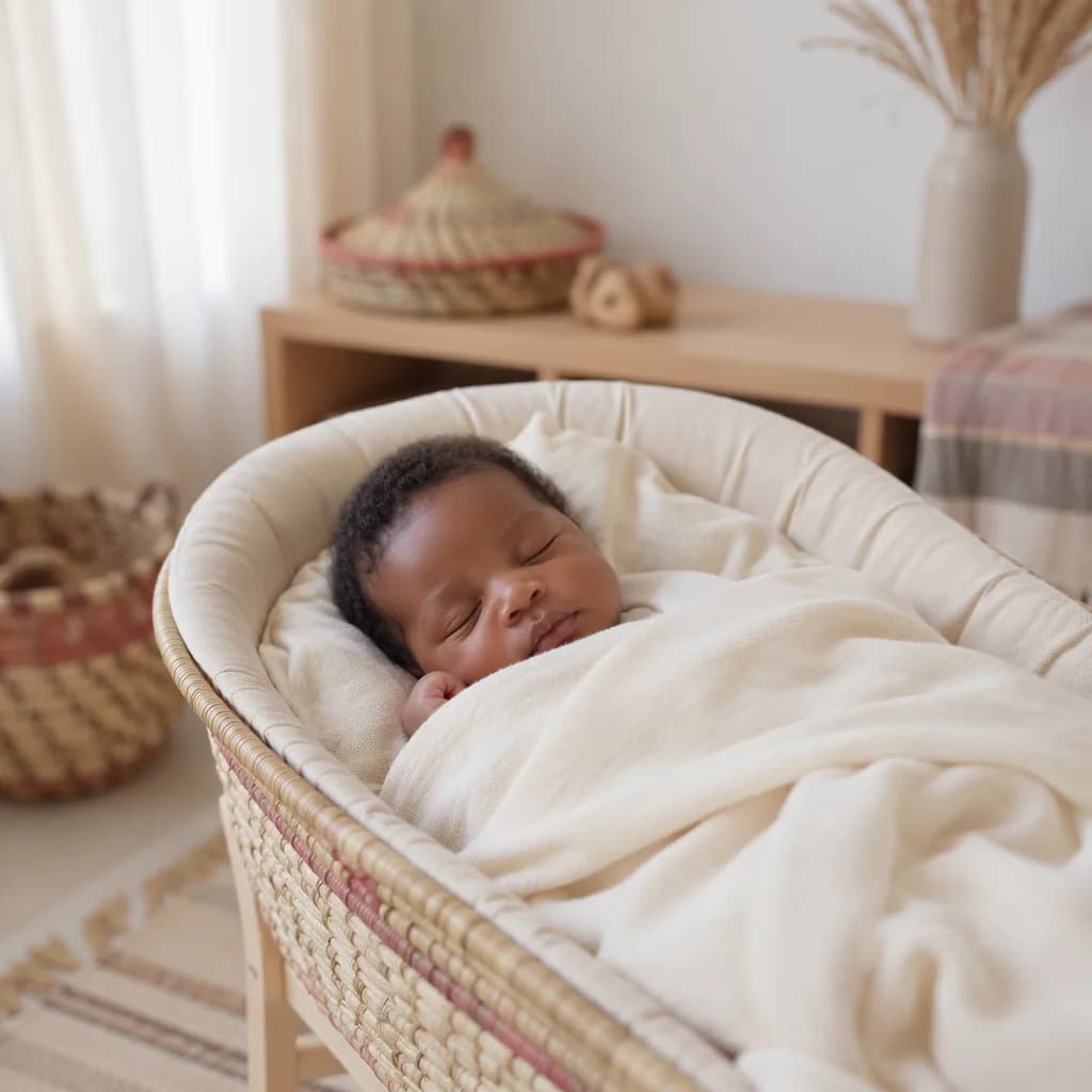Sleeping newborn in a warm pastel nursery with subtle Ethiopian-inspired decor