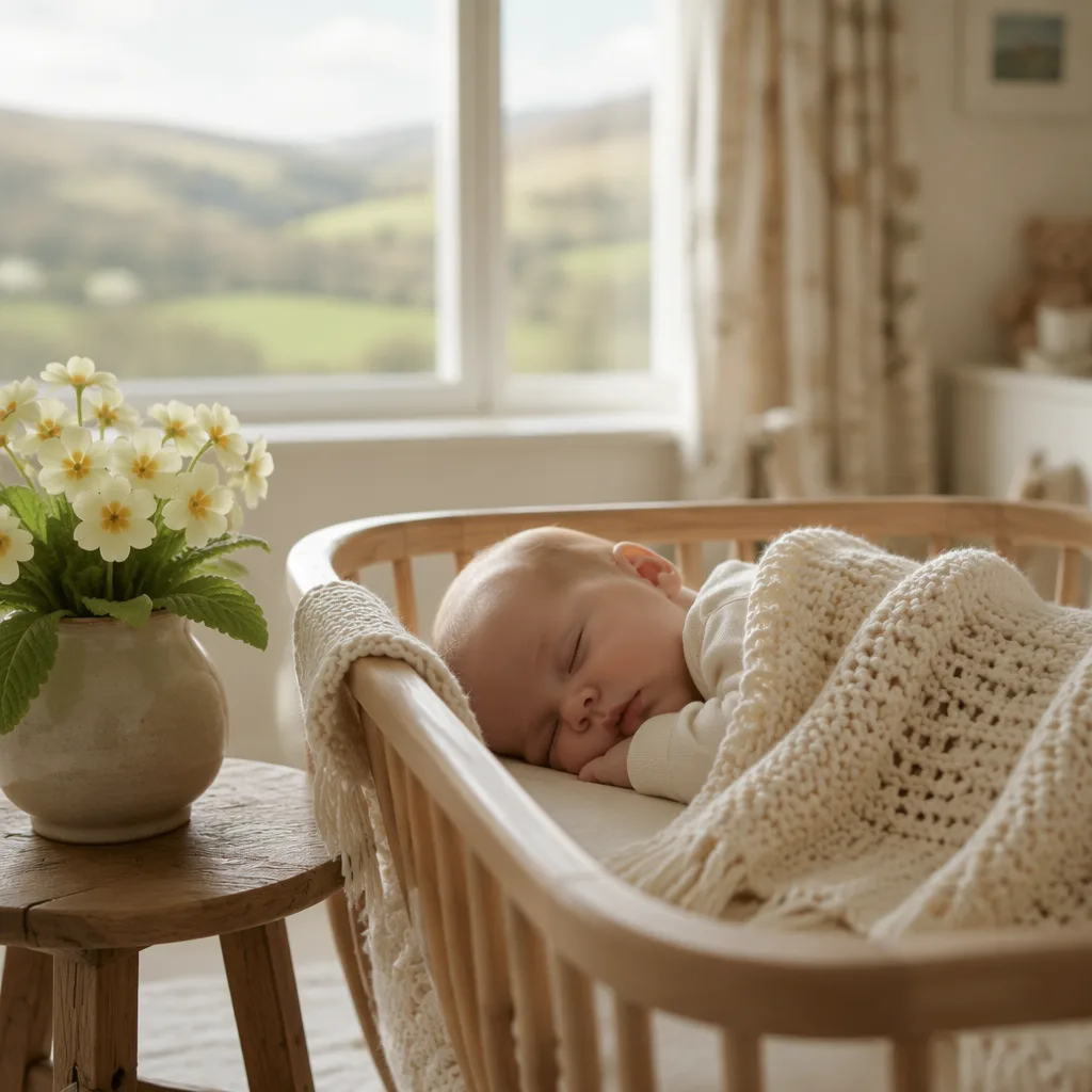Sleeping baby in a cozy nursery with pale yellow primroses.