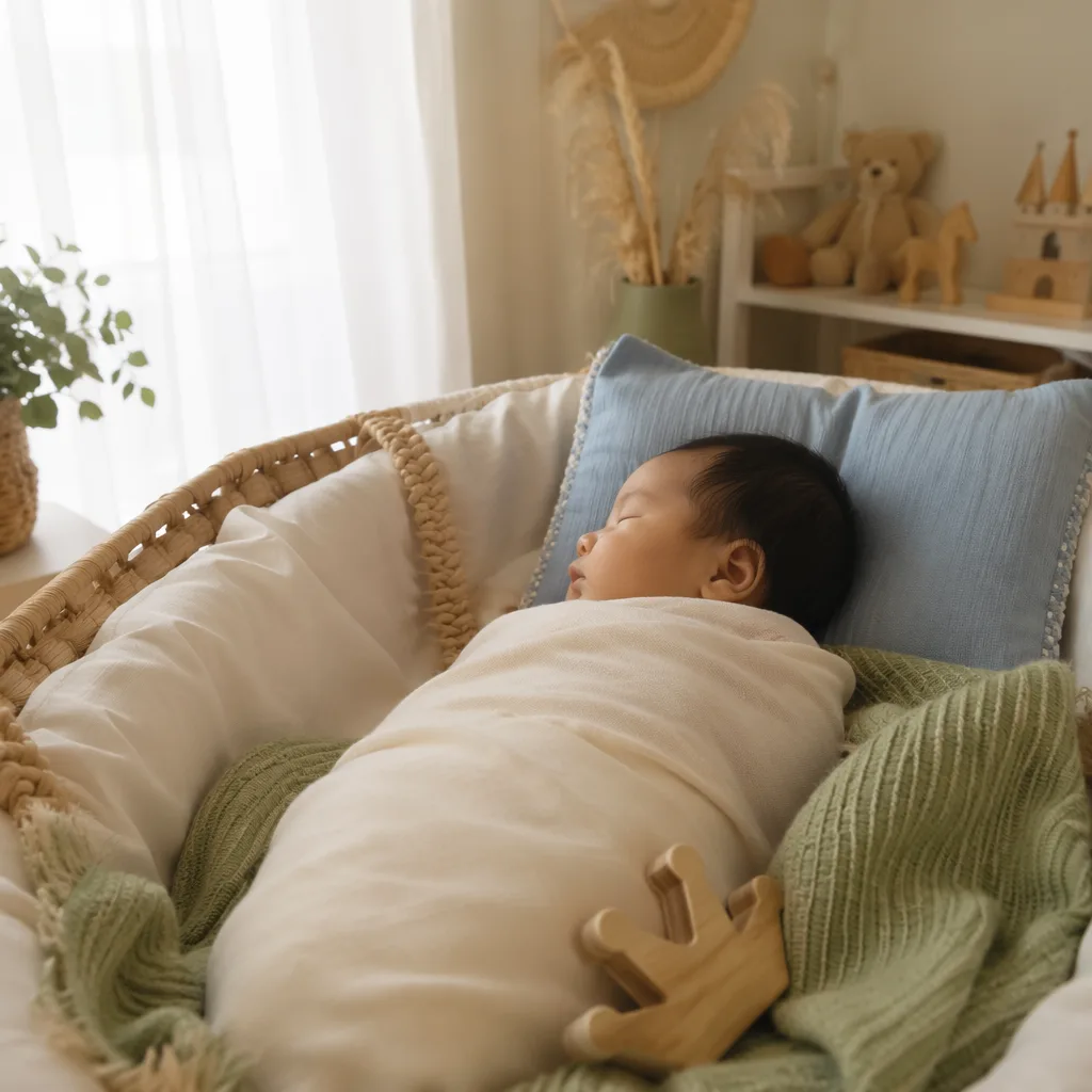 A peacefully sleeping Filipino baby in a soft pastel nursery with gentle natural light.