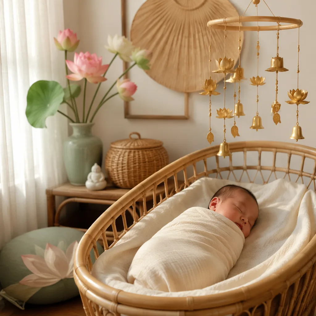 Sleeping Vietnamese newborn in a soft pastel nursery with lotus flowers and warm natural light.
