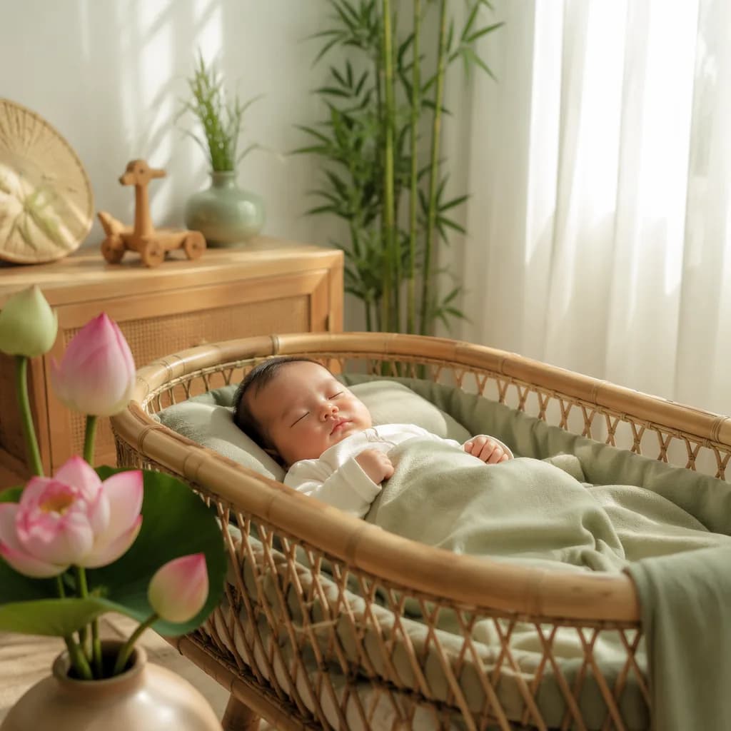 Sleeping Vietnamese baby in a soft pastel nursery with bamboo and lotus details.