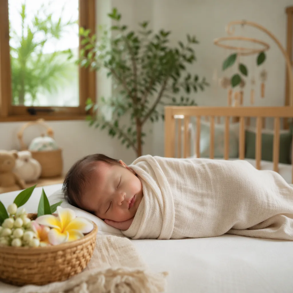 Sleeping baby in a soft pastel nursery with delicate flowers symbolizing Bunga Lestari.
