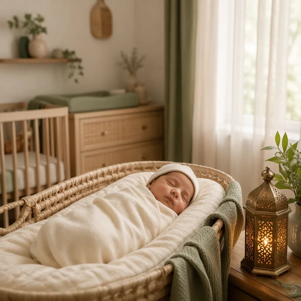 A softly lit modern nursery with a swaddled sleeping baby and a glowing brass lantern.