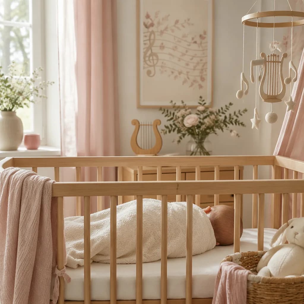 A softly lit pastel nursery with a swaddled baby and gentle musical decor.