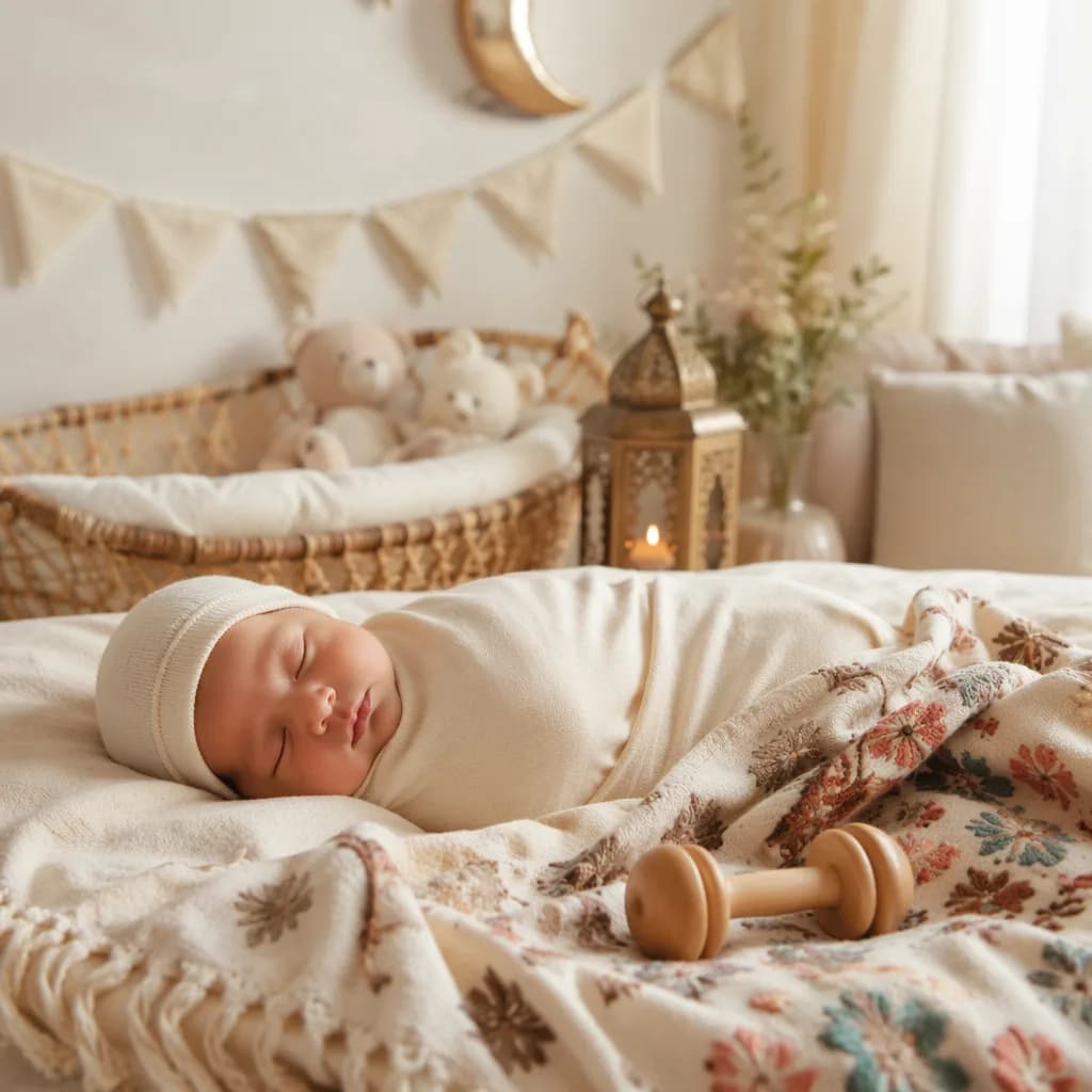 A softly lit Turkish-inspired nursery with a swaddled sleeping baby and gentle celebratory details.