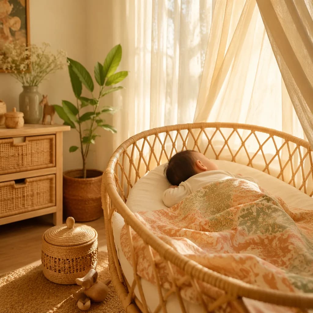 A peaceful Indonesian-inspired nursery with a baby in a rattan bassinet glowing in soft morning light.