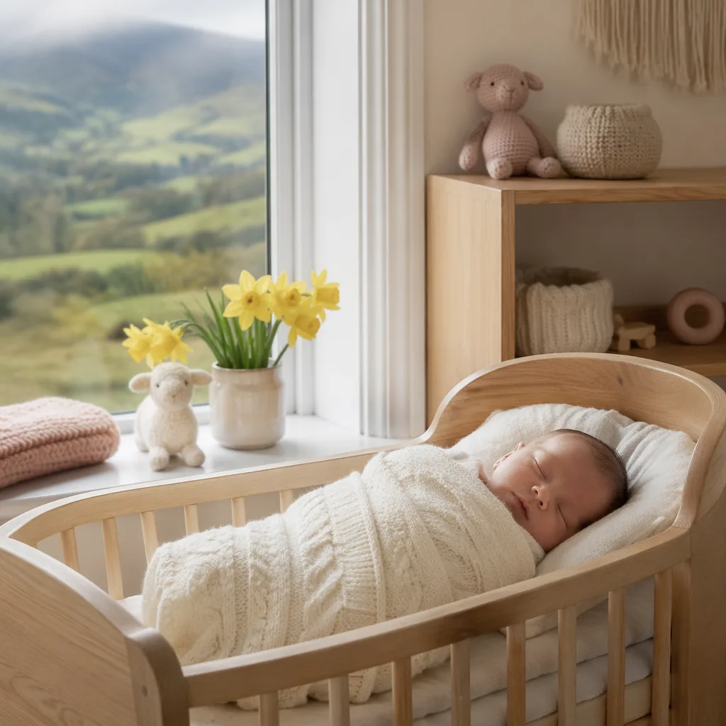 A swaddled newborn in a cozy Welsh-inspired nursery with soft light and daffodils.