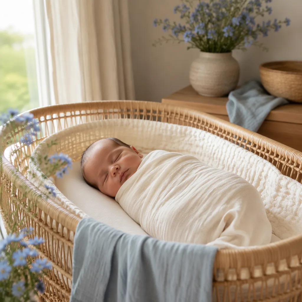 Sleeping newborn in a cozy nursery with soft blue flowers and natural woven details.