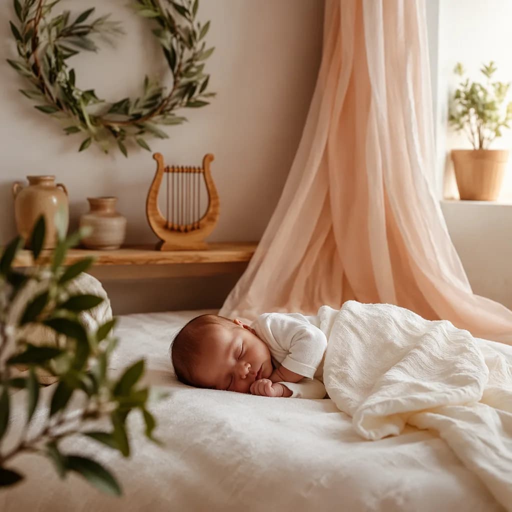 A sleeping newborn in a soft Greek-inspired nursery with olive branches and a small lyre.