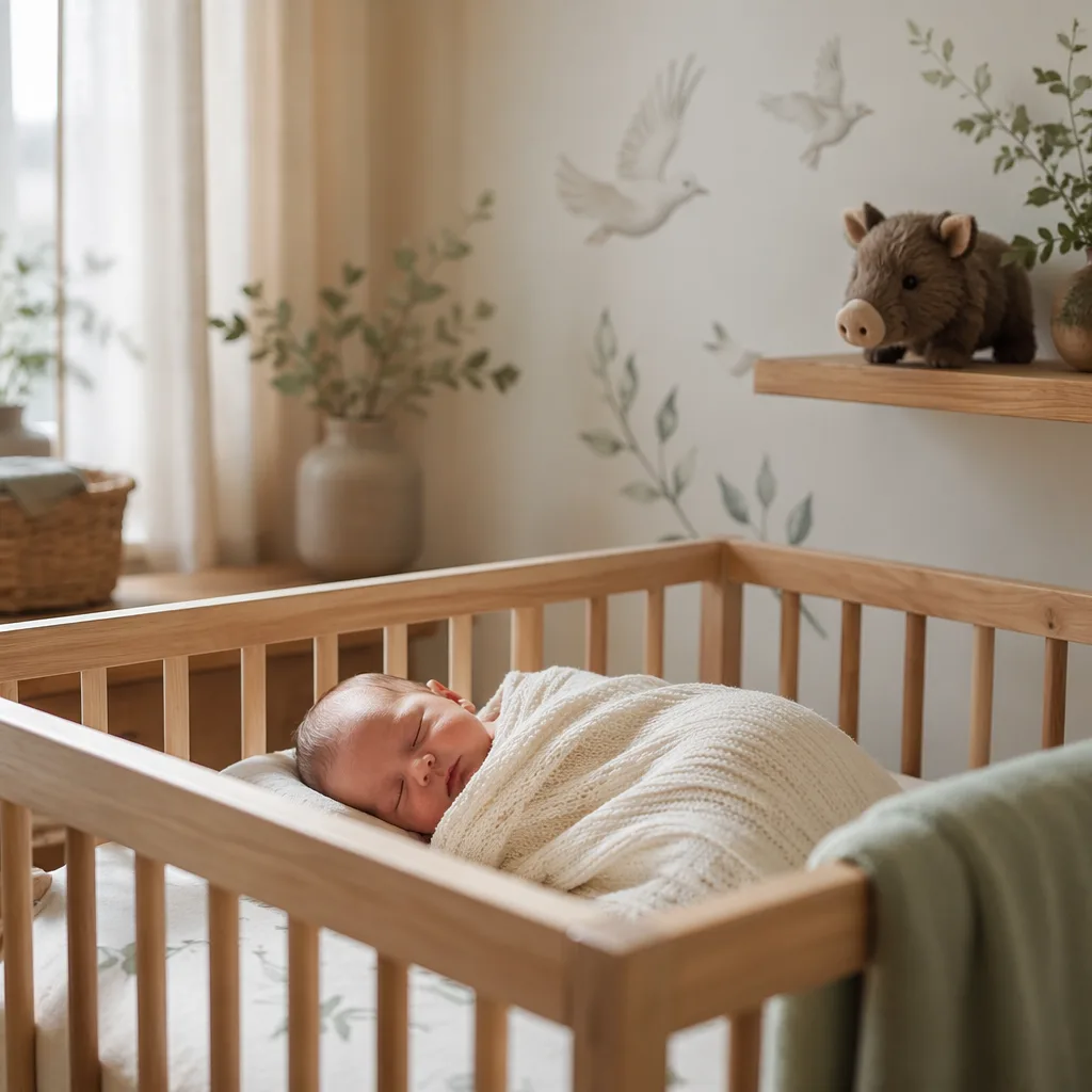 Peaceful pastel nursery with a sleeping newborn, dove decor, and a small woodland plush toy.