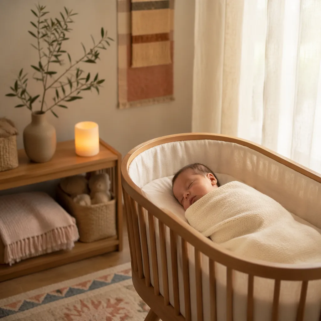 A softly lit pastel nursery with a swaddled newborn, gentle candle-like glow, and olive branch.