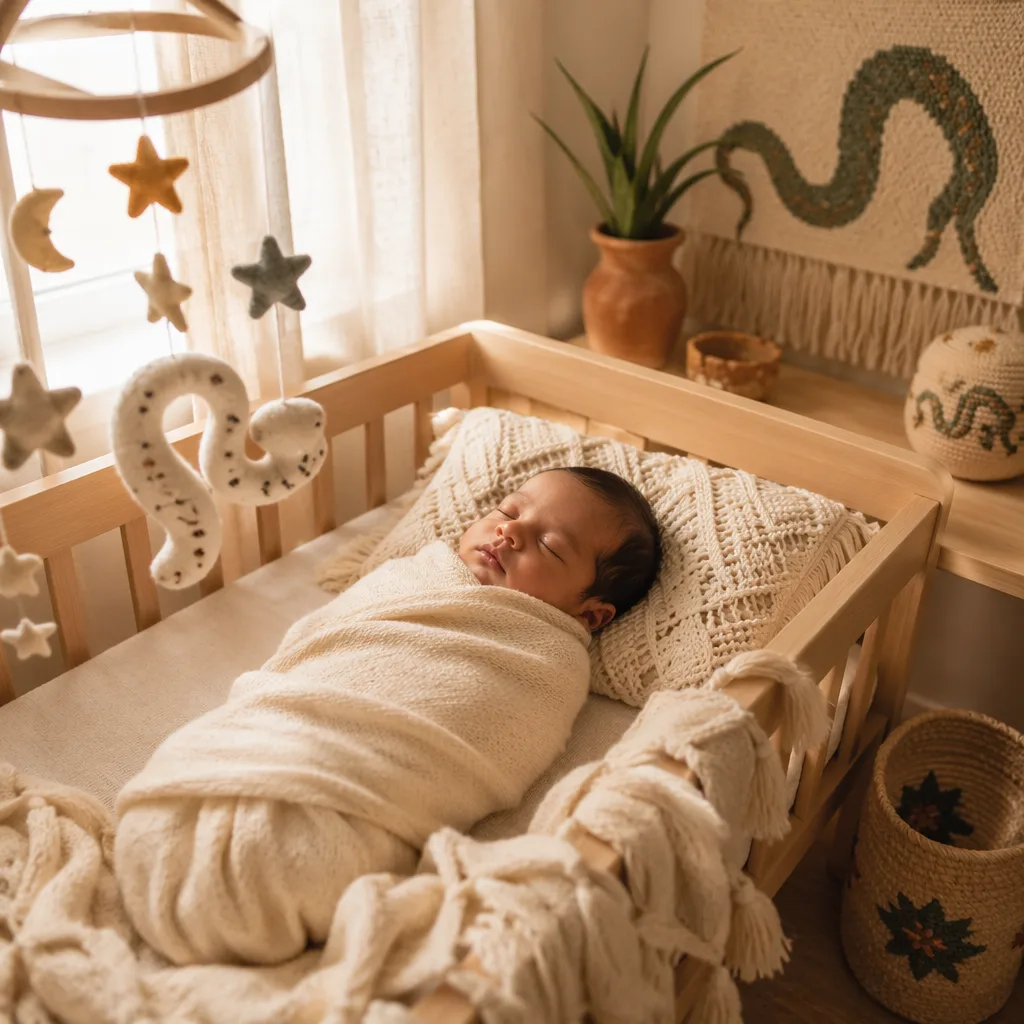 A peaceful swaddled baby in a warm pastel nursery with subtle star and serpent-inspired decor.