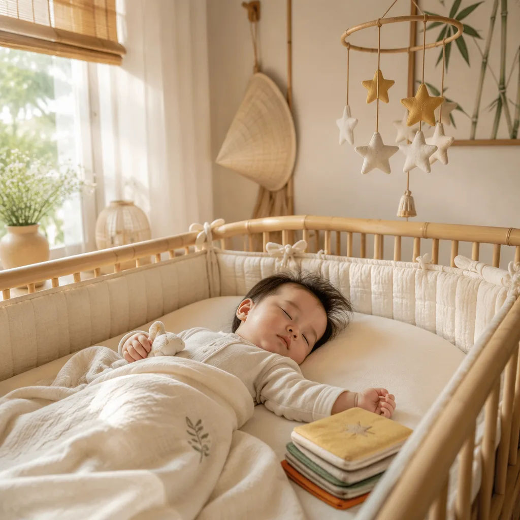 Vietnamese baby sleeping in a soft nursery with books, bamboo accents, and gentle morning light.